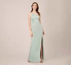 Adrianna Papell Satin Crepe One-Shoulder Long Gown In Willow