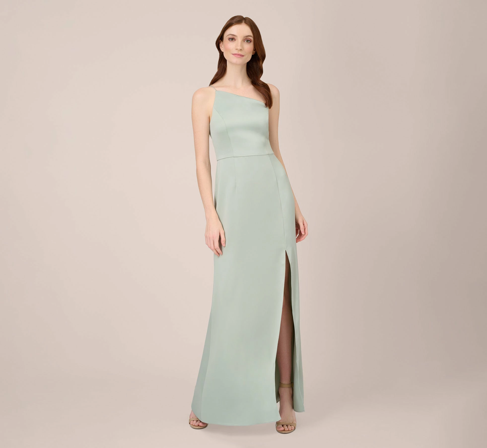 Adrianna Papell Satin Crepe One-Shoulder Long Gown In Willow 1 Adrianna Papell Satin Crepe One-Shoulder Long Gown In Willow