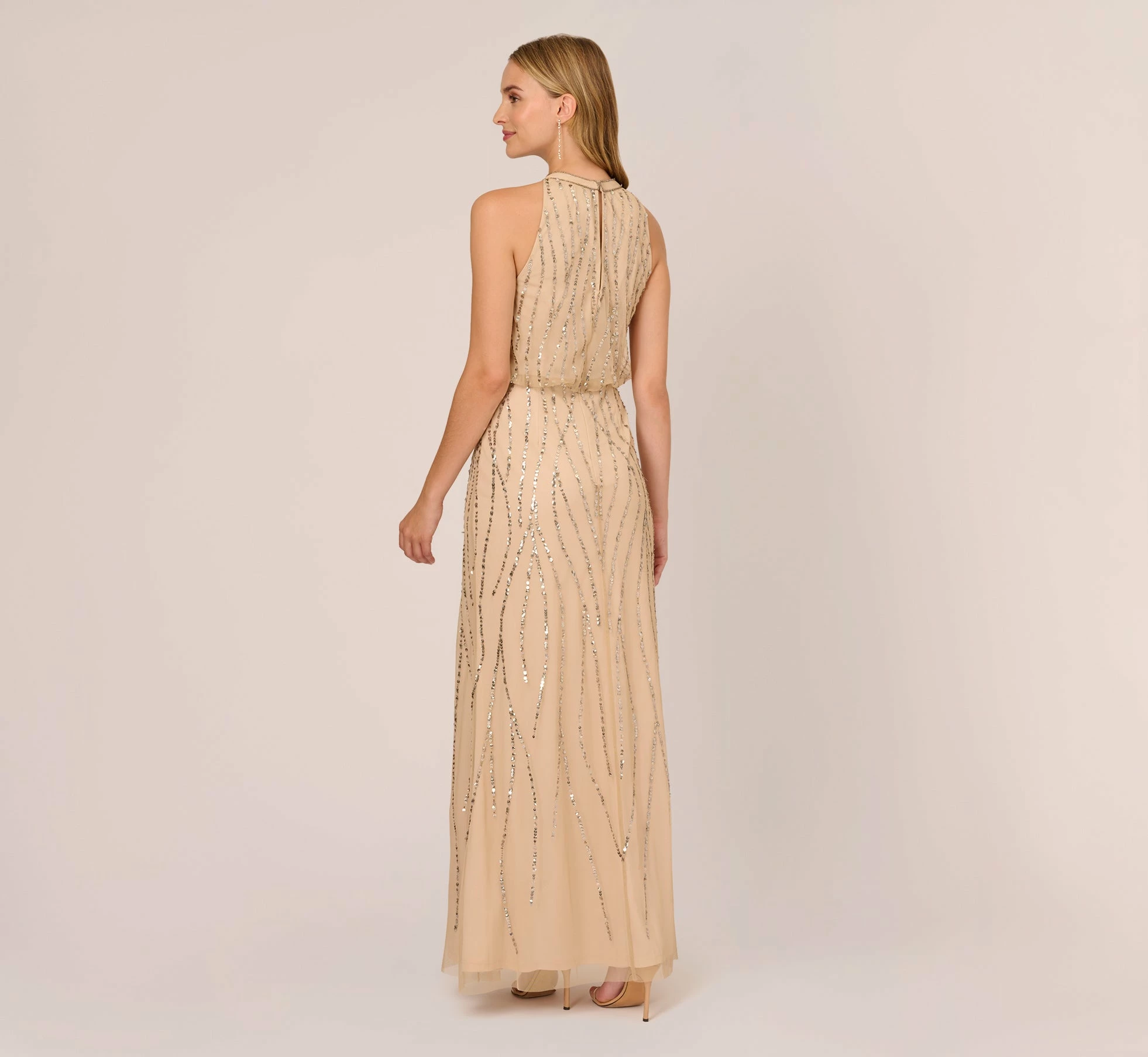 Adrianna Papell Hand-Beaded Halter Blouson Long Gown In Nude 4 Adrianna Papell Hand-Beaded Halter Blouson Long Gown In Nude - Image 4