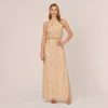 Adrianna Papell Hand-Beaded Halter Blouson Long Gown In Nude