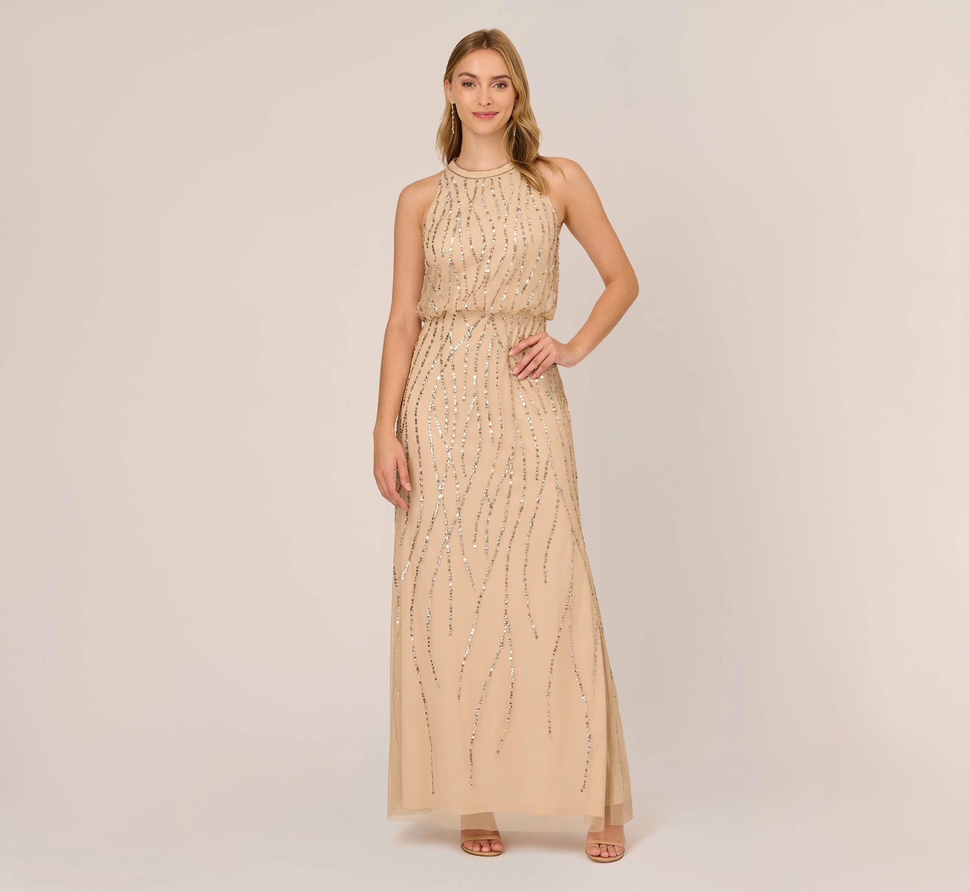 Adrianna Papell Hand-Beaded Halter Blouson Long Gown In Nude 1 Adrianna Papell Hand-Beaded Halter Blouson Long Gown In Nude