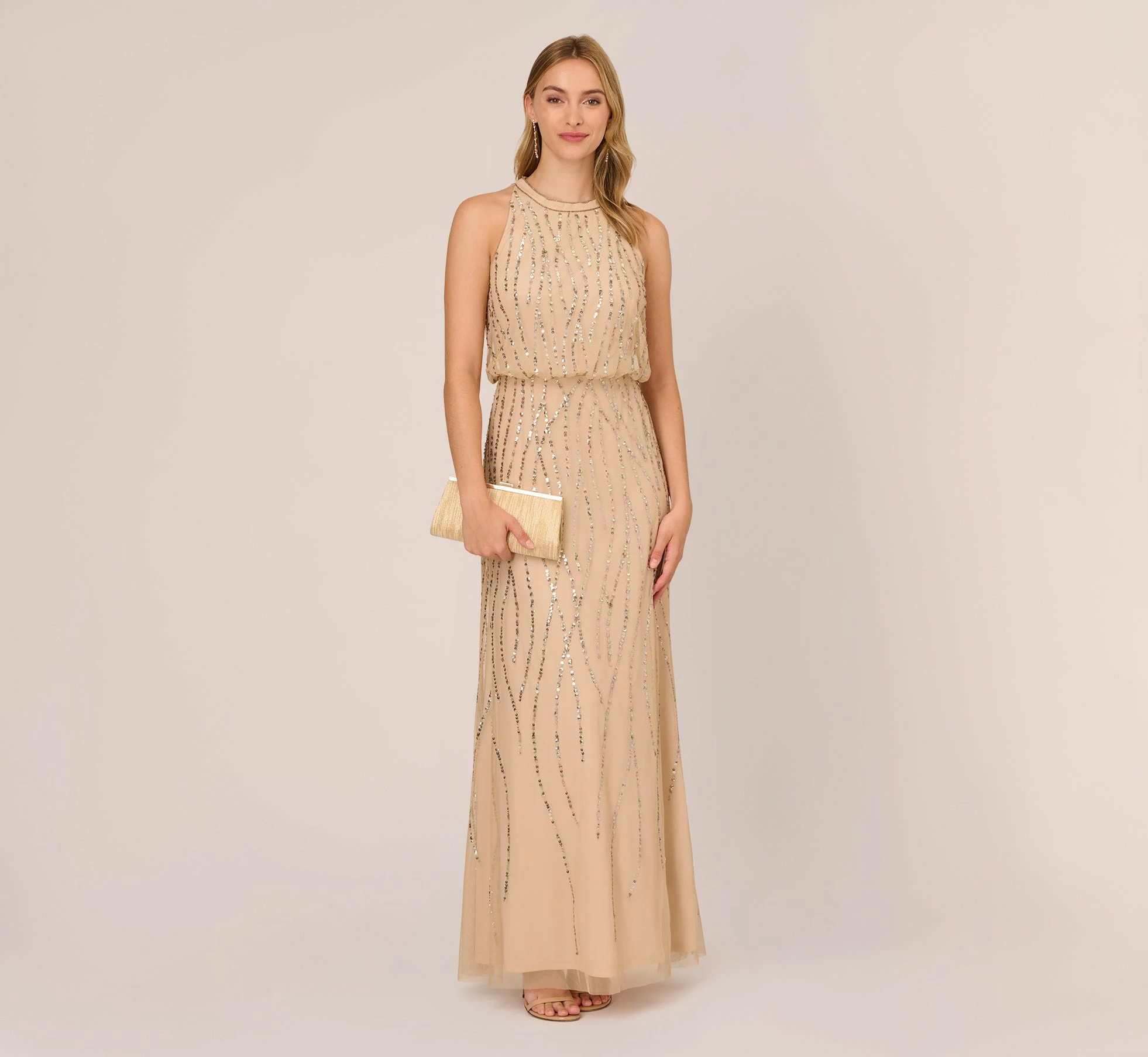 Adrianna Papell Hand-Beaded Halter Blouson Long Gown In Nude 2 Adrianna Papell Hand-Beaded Halter Blouson Long Gown In Nude - Image 2