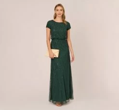 Adrianna Papell Hand-Beaded Blouson Long Gown In Dusty Emerald