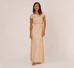 Adrianna Papell Hand-Beaded Blouson Long Gown In Nude