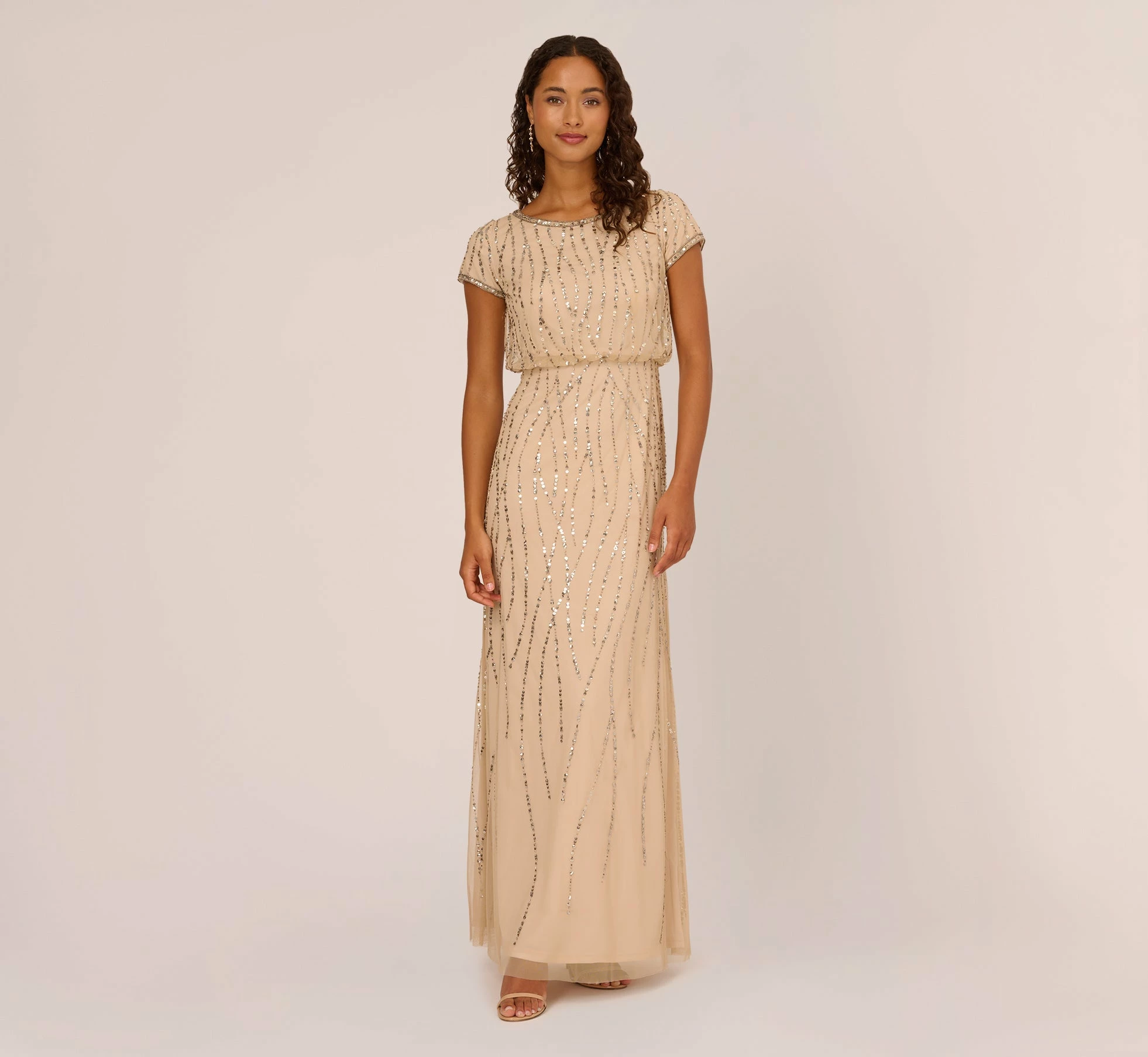 Adrianna Papell Hand-Beaded Blouson Long Gown In Nude 1 Adrianna Papell Hand-Beaded Blouson Long Gown In Nude