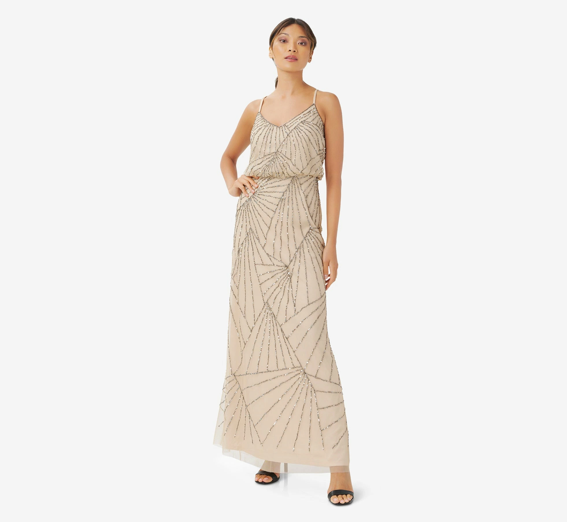 Adrianna Papell Hand-Beaded Blouson Long Sleeveless Gown In Nude 1 Adrianna Papell Hand-Beaded Blouson Long Sleeveless Gown In Nude