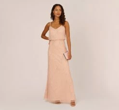 Adrianna Papell Hand-Beaded Blouson Long Sleeveless Gown In Blush