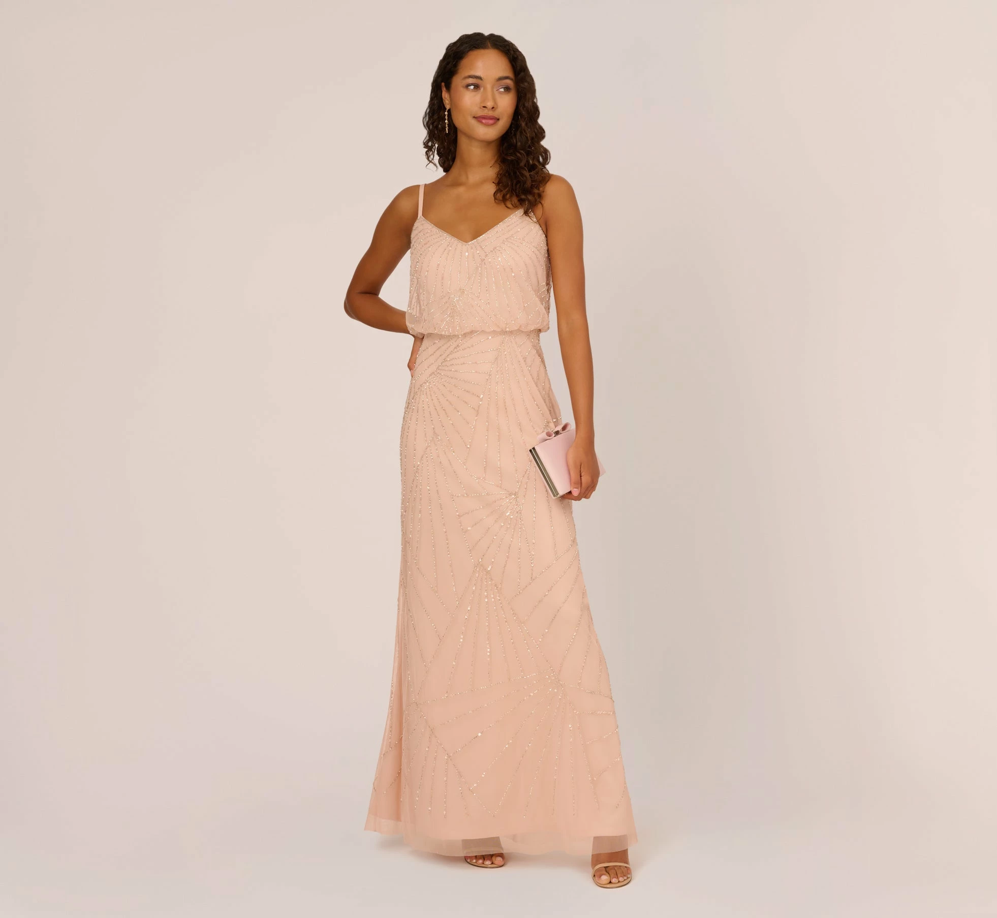 Adrianna Papell Hand-Beaded Blouson Long Sleeveless Gown In Blush 1 Adrianna Papell Hand-Beaded Blouson Long Sleeveless Gown In Blush