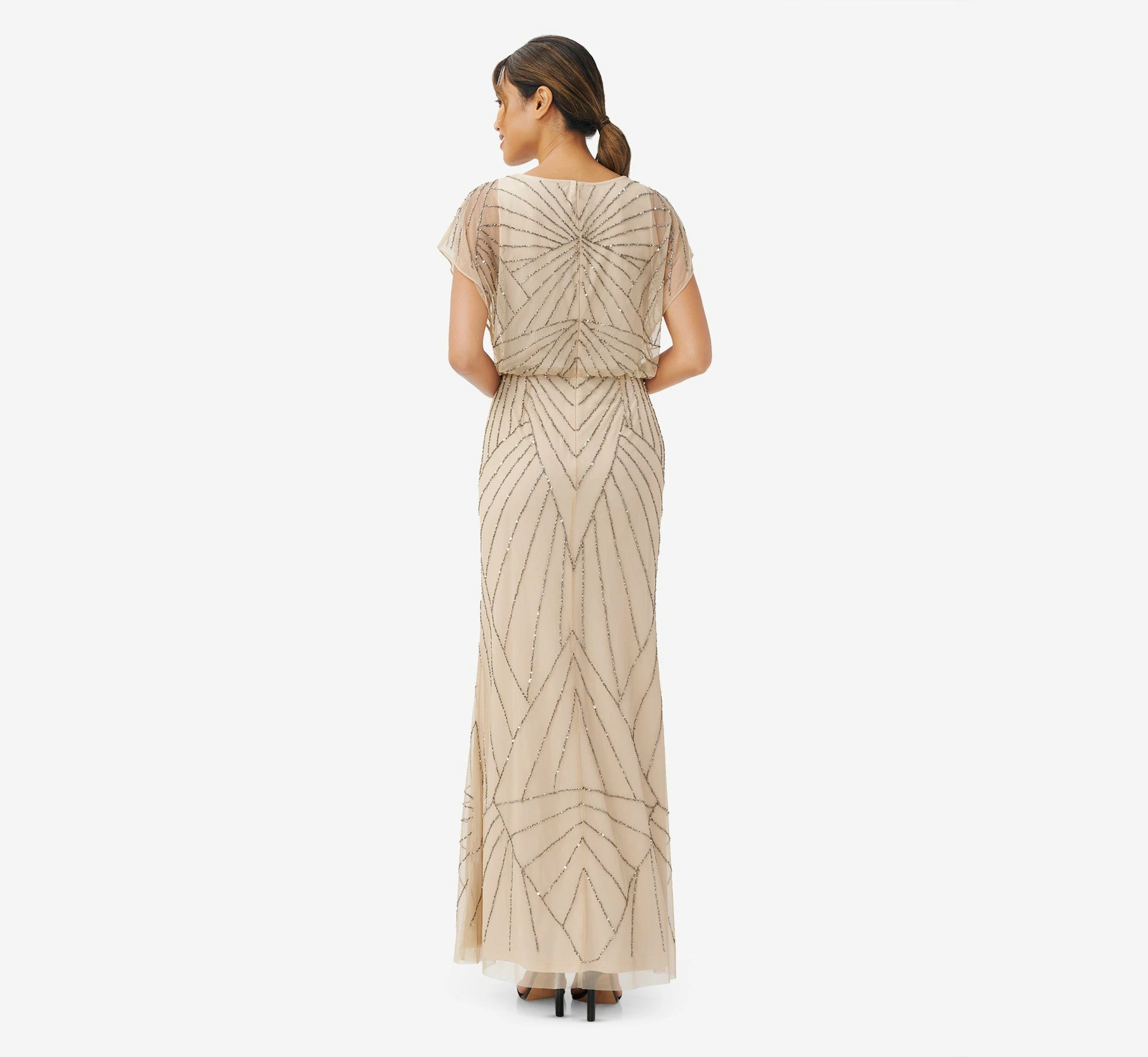 Adrianna Papell Hand-Beaded Blouson Long Gown With Flutter Sleeves In Nude 2 Adrianna Papell Hand-Beaded Blouson Long Gown With Flutter Sleeves In Nude - Image 2