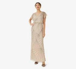 Adrianna Papell Hand-Beaded Blouson Long Gown With Flutter Sleeves In Nude