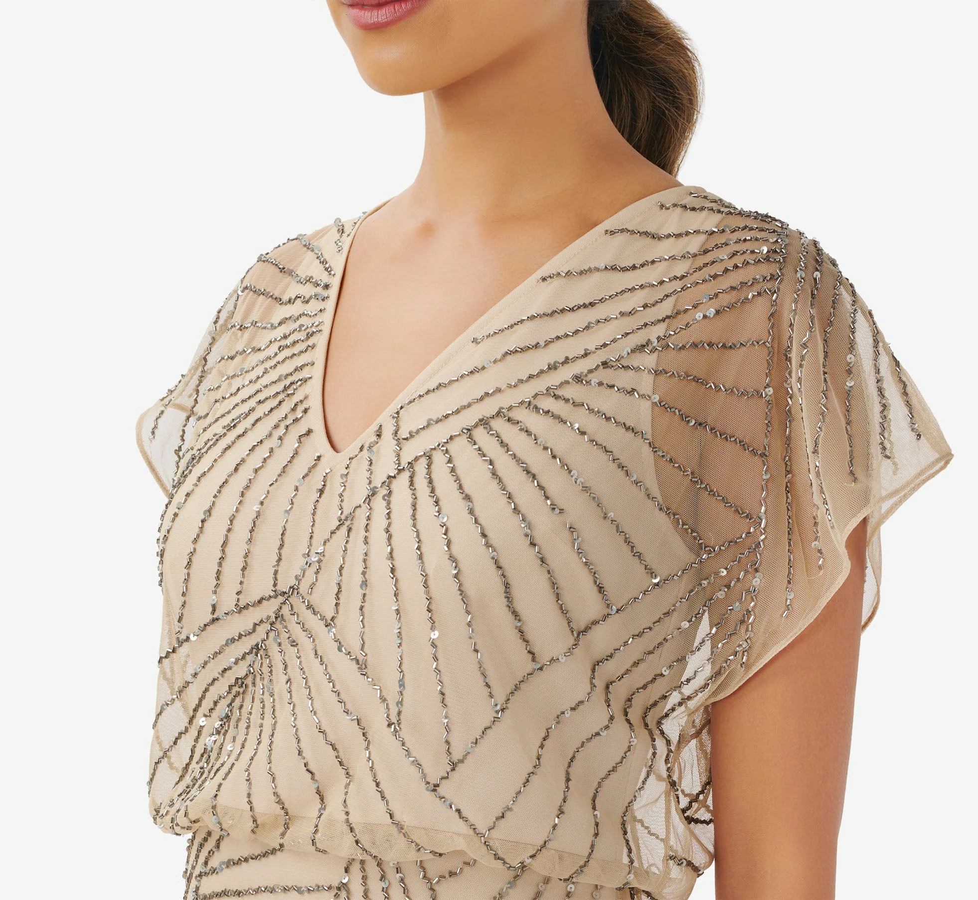 Adrianna Papell Hand-Beaded Blouson Long Gown With Flutter Sleeves In Nude 3 Adrianna Papell Hand-Beaded Blouson Long Gown With Flutter Sleeves In Nude - Image 3