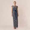 Adrianna Papell 3D Metallic Floral Embroidered Mesh Column Gown In Navy Rosegold