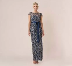 Adrianna Papell 3D Metallic Floral Embroidered Mesh Column Gown In Navy Rosegold
