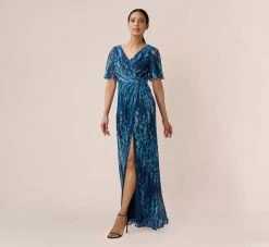 Adrianna Papell Floral-Print Metallic Crinkled Mesh Faux Wrap Long Gown In Navy Multi -Adrianna Papell Shop AP1E210171 AD411 Regular Alternate