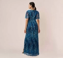 Adrianna Papell Floral-Print Metallic Crinkled Mesh Faux Wrap Long Gown In Navy Multi -Adrianna Papell Shop AP1E210171 AD411 Regular Back