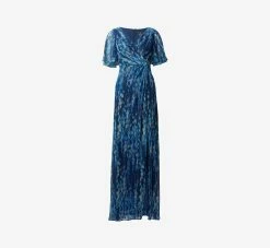 Adrianna Papell Floral-Print Metallic Crinkled Mesh Faux Wrap Long Gown In Navy Multi -Adrianna Papell Shop AP1E210171 AD411 Regular Flat