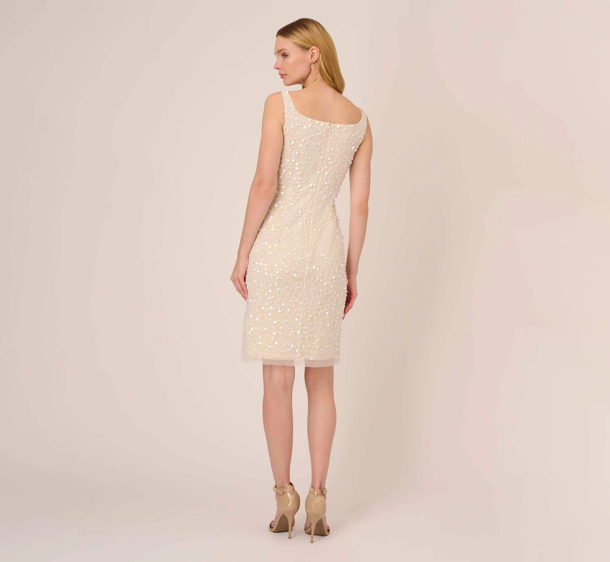 Adrianna Papell Sequin Beaded Dress With Square Neckline In Ivory Pearl 4 Adrianna Papell Sequin Beaded Dress With Square Neckline In Ivory Pearl - Image 4