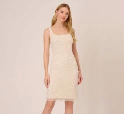 Adrianna Papell Sequin Beaded Dress With Square Neckline In Ivory Pearl