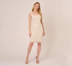 Adrianna Papell Sequin Beaded Dress With Square Neckline In Ivory Pearl 14 Adrianna Papell Sequin Beaded Dress With Square Neckline In Ivory Pearl -Adrianna Papell Shop AP1E210204 AG105 Regular Front