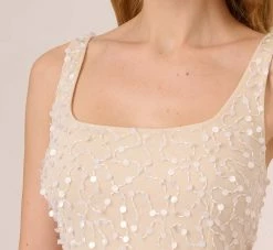 Adrianna Papell Sequin Beaded Dress With Square Neckline In Ivory Pearl 10 Adrianna Papell Sequin Beaded Dress With Square Neckline In Ivory Pearl -Adrianna Papell Shop AP1E210204 AG105 Regular Lifestyle