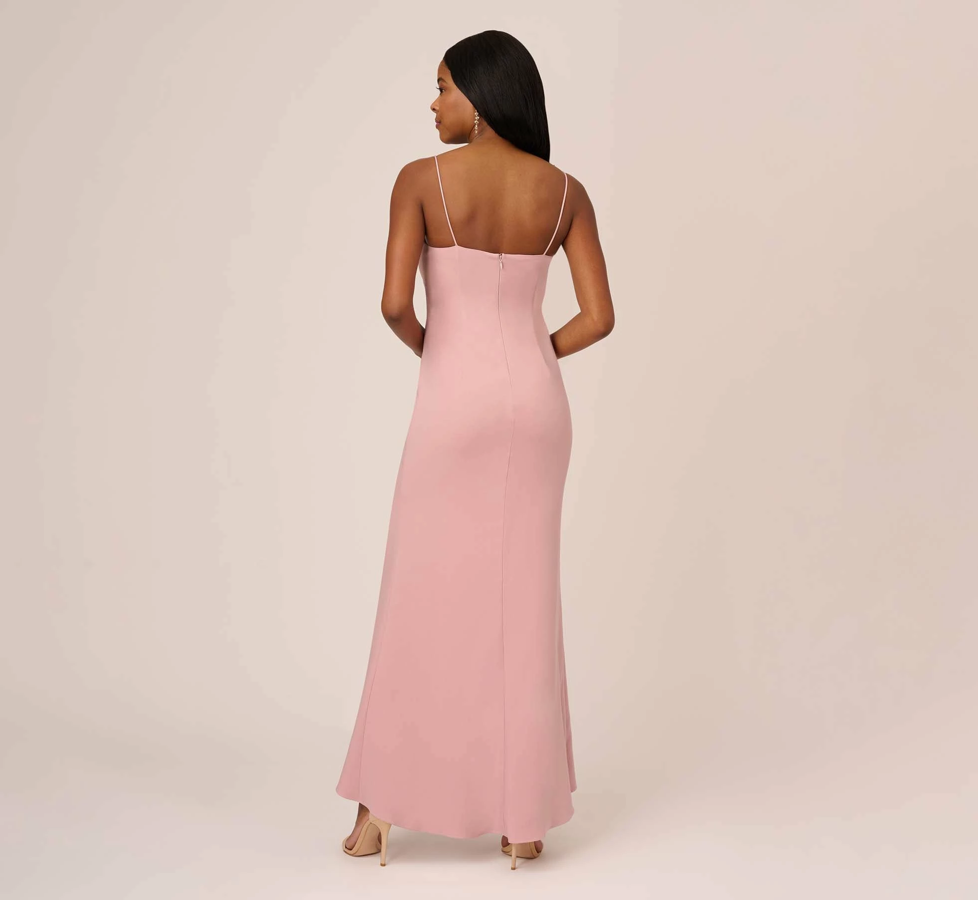 Adrianna Papell Satin Crepe Ruffle Front Long Gown In Steel Rose 4 Adrianna Papell Satin Crepe Ruffle Front Long Gown In Steel Rose - Image 4