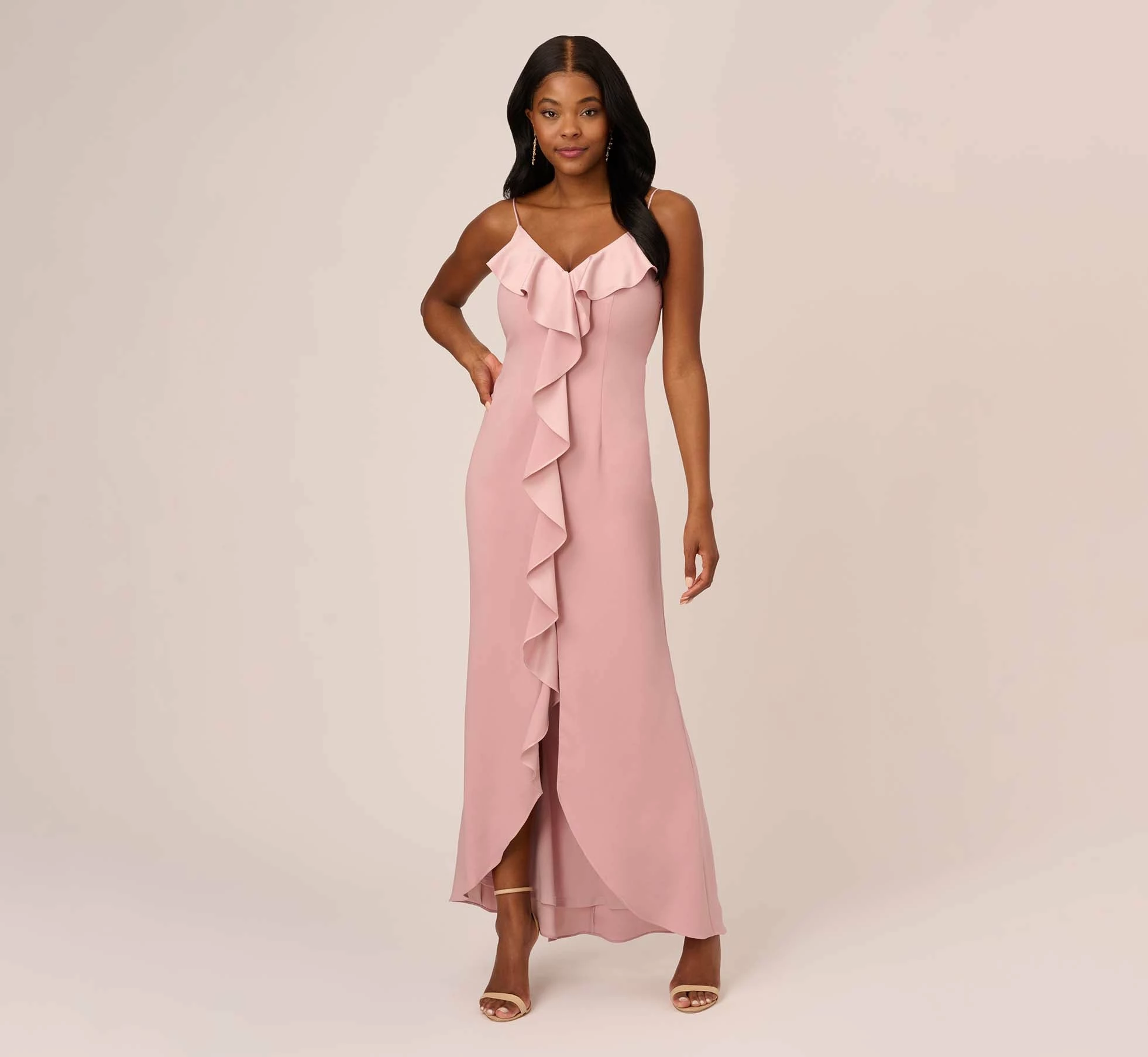 Adrianna Papell Satin Crepe Ruffle Front Long Gown In Steel Rose 2 Adrianna Papell Satin Crepe Ruffle Front Long Gown In Steel Rose - Image 2