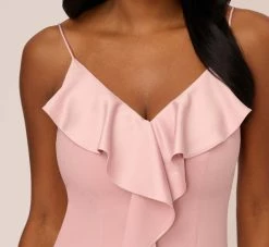 Adrianna Papell Satin Crepe Ruffle Front Long Gown In Steel Rose 11 Adrianna Papell Satin Crepe Ruffle Front Long Gown In Steel Rose -Adrianna Papell Shop AP1E210210 BA696 Regular Detail