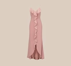 Adrianna Papell Satin Crepe Ruffle Front Long Gown In Steel Rose 13 Adrianna Papell Satin Crepe Ruffle Front Long Gown In Steel Rose -Adrianna Papell Shop AP1E210210 BA696 Regular Flat