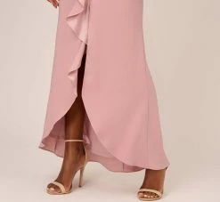 Adrianna Papell Satin Crepe Ruffle Front Long Gown In Steel Rose 9 Adrianna Papell Satin Crepe Ruffle Front Long Gown In Steel Rose -Adrianna Papell Shop AP1E210210 BA696 Regular Lifestyle