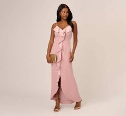Adrianna Papell Satin Crepe Ruffle Front Long Gown In Steel Rose