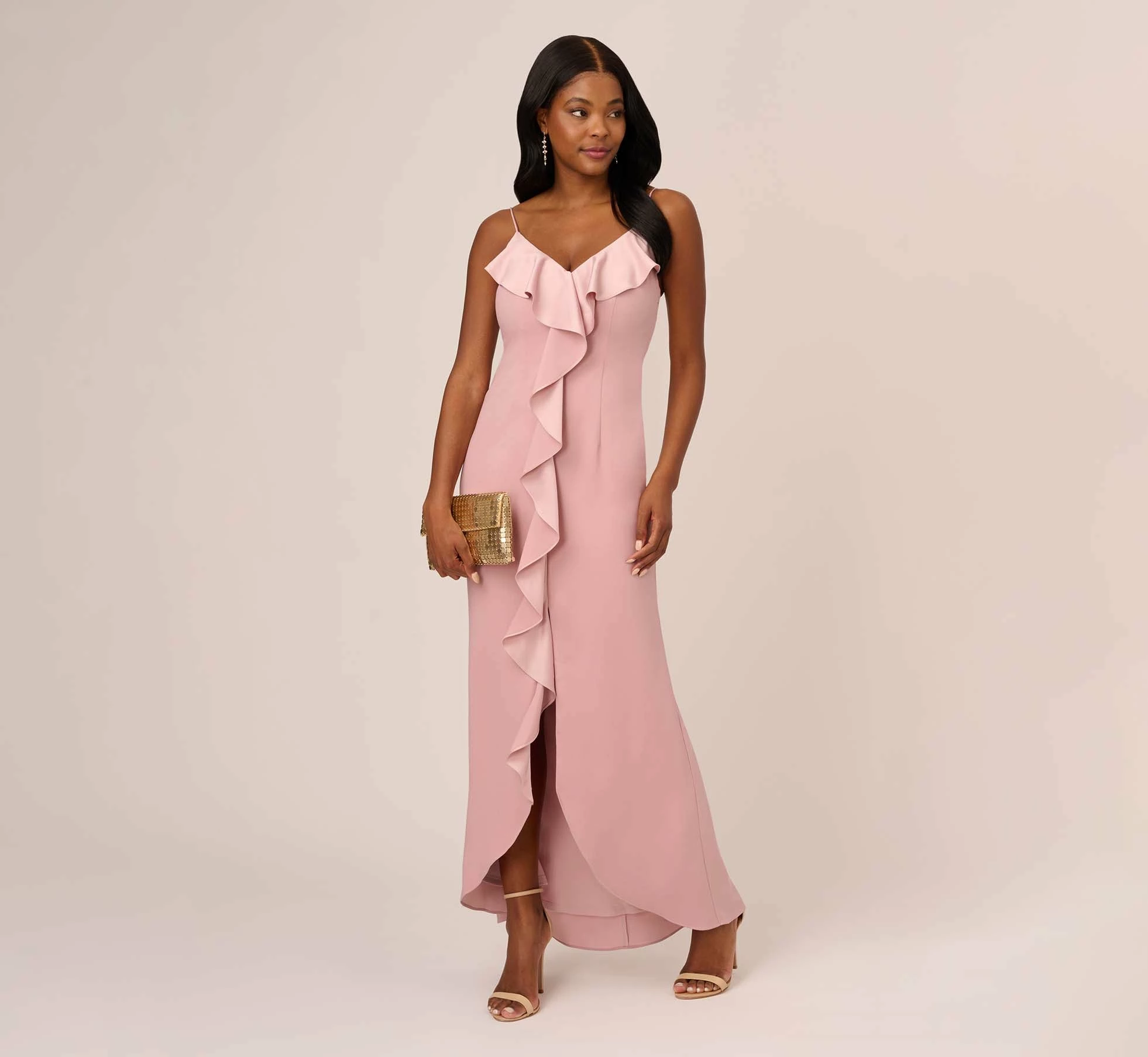 Adrianna Papell Satin Crepe Ruffle Front Long Gown In Steel Rose 1 Adrianna Papell Satin Crepe Ruffle Front Long Gown In Steel Rose