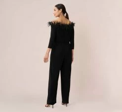 Adrianna Papell Feather-Trim Off-The-Shoulder Jersey Jumpsuit In Black -Adrianna Papell Shop AP1E210212 AA002 Regular Back