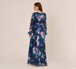 Adrianna Papell Floral-Print Long Shirred Chiffon Gown In Navy Multi 10 Adrianna Papell Floral-Print Long Shirred Chiffon Gown In Navy Multi -Adrianna Papell Shop AP1E210216 AD411 Regular Back