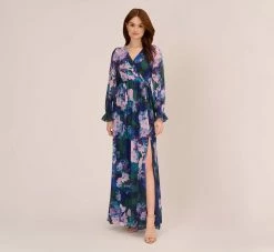 Adrianna Papell Floral-Print Long Shirred Chiffon Gown In Navy Multi