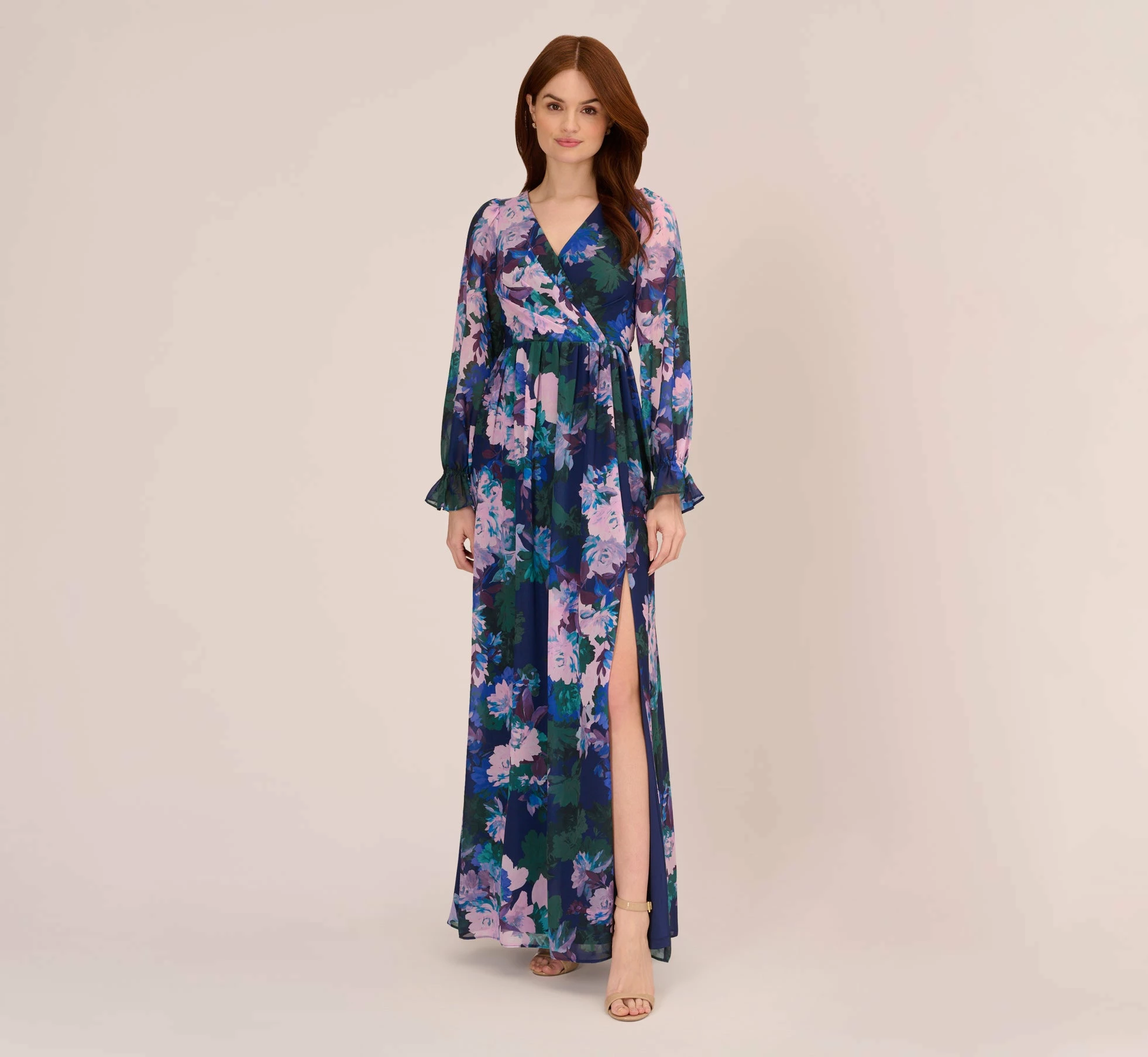 Adrianna Papell Floral-Print Long Shirred Chiffon Gown In Navy Multi 1 Adrianna Papell Floral-Print Long Shirred Chiffon Gown In Navy Multi