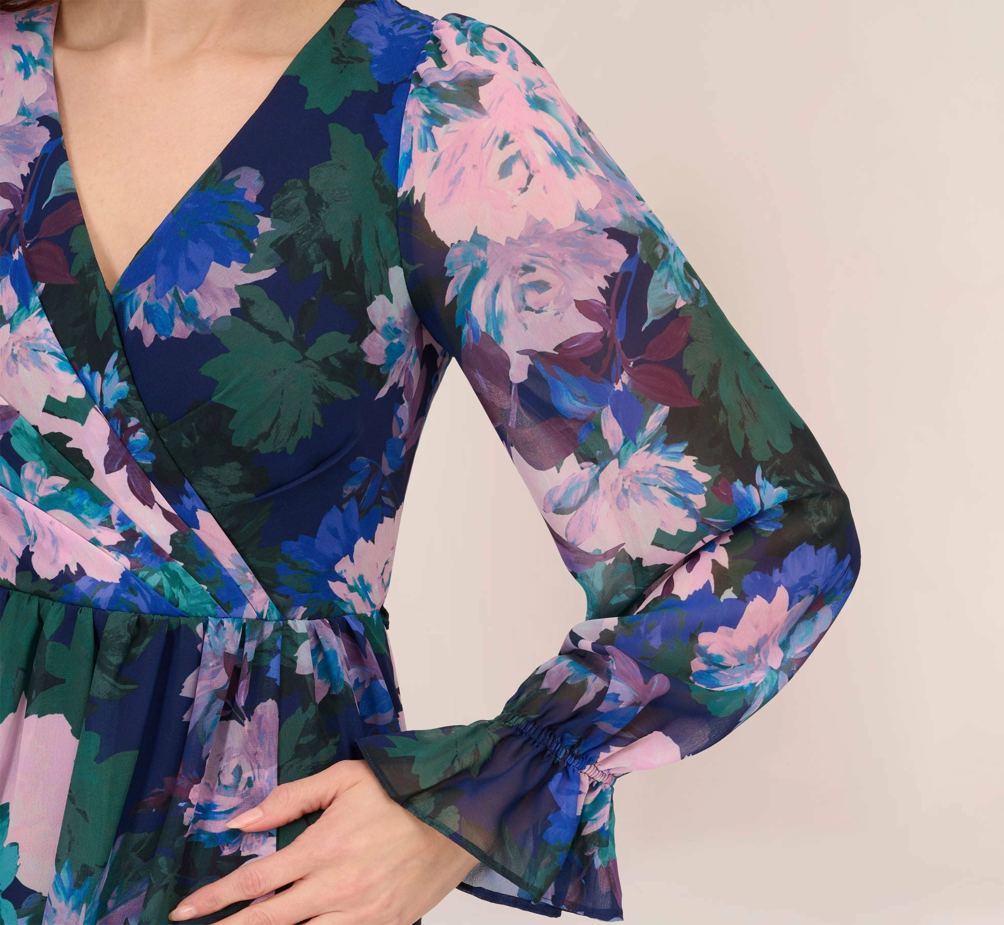 Adrianna Papell Floral-Print Long Shirred Chiffon Gown In Navy Multi 3 Adrianna Papell Floral-Print Long Shirred Chiffon Gown In Navy Multi - Image 3