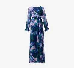 Adrianna Papell Floral-Print Long Shirred Chiffon Gown In Navy Multi 13 Adrianna Papell Floral-Print Long Shirred Chiffon Gown In Navy Multi -Adrianna Papell Shop AP1E210216 AD411 Regular Flat