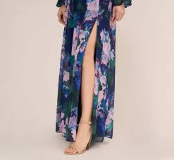 Adrianna Papell Floral-Print Long Shirred Chiffon Gown In Navy Multi 11 Adrianna Papell Floral-Print Long Shirred Chiffon Gown In Navy Multi -Adrianna Papell Shop AP1E210216 AD411 Regular Lifestyle