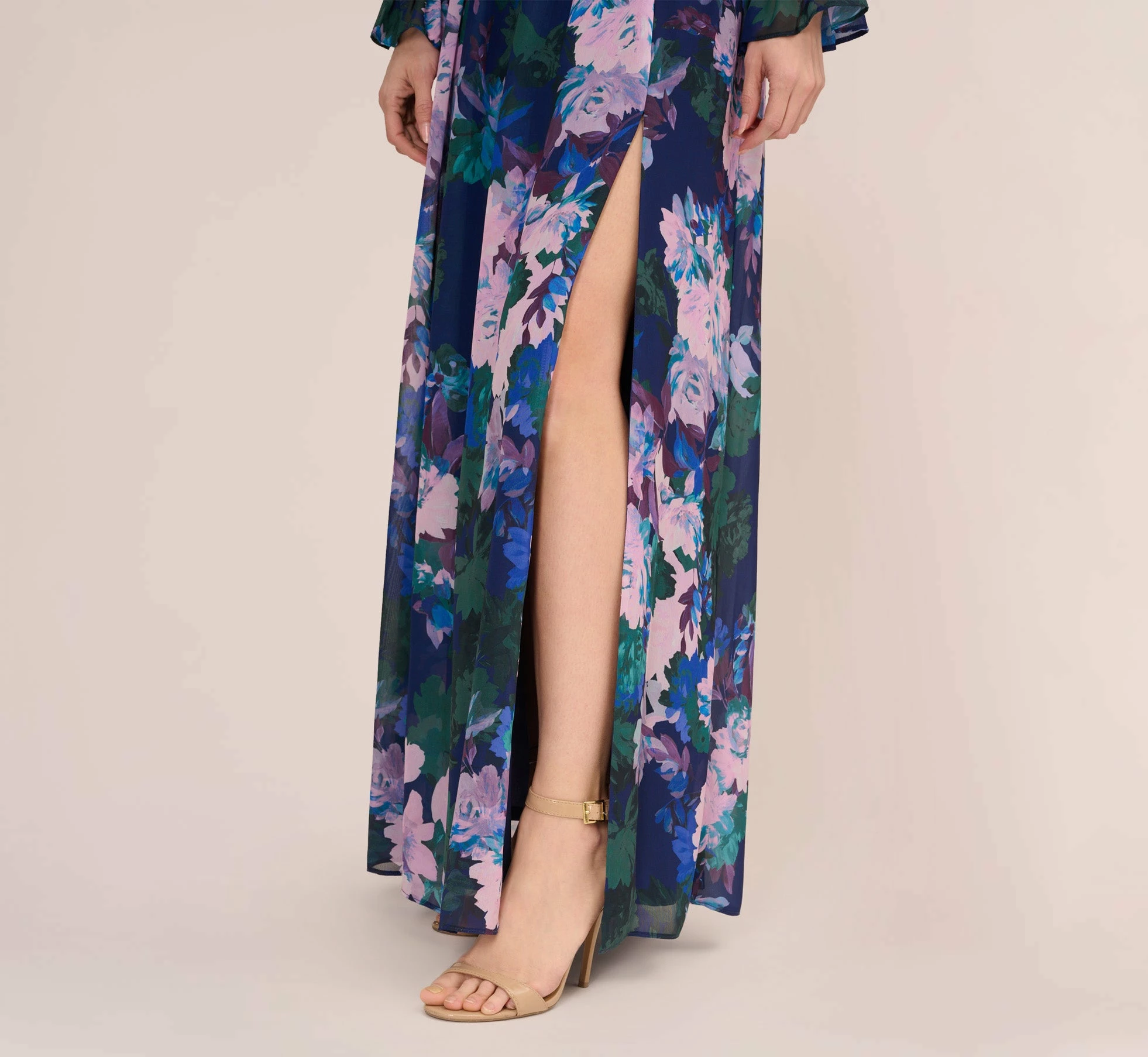 Adrianna Papell Floral-Print Long Shirred Chiffon Gown In Navy Multi 5 Adrianna Papell Floral-Print Long Shirred Chiffon Gown In Navy Multi - Image 5
