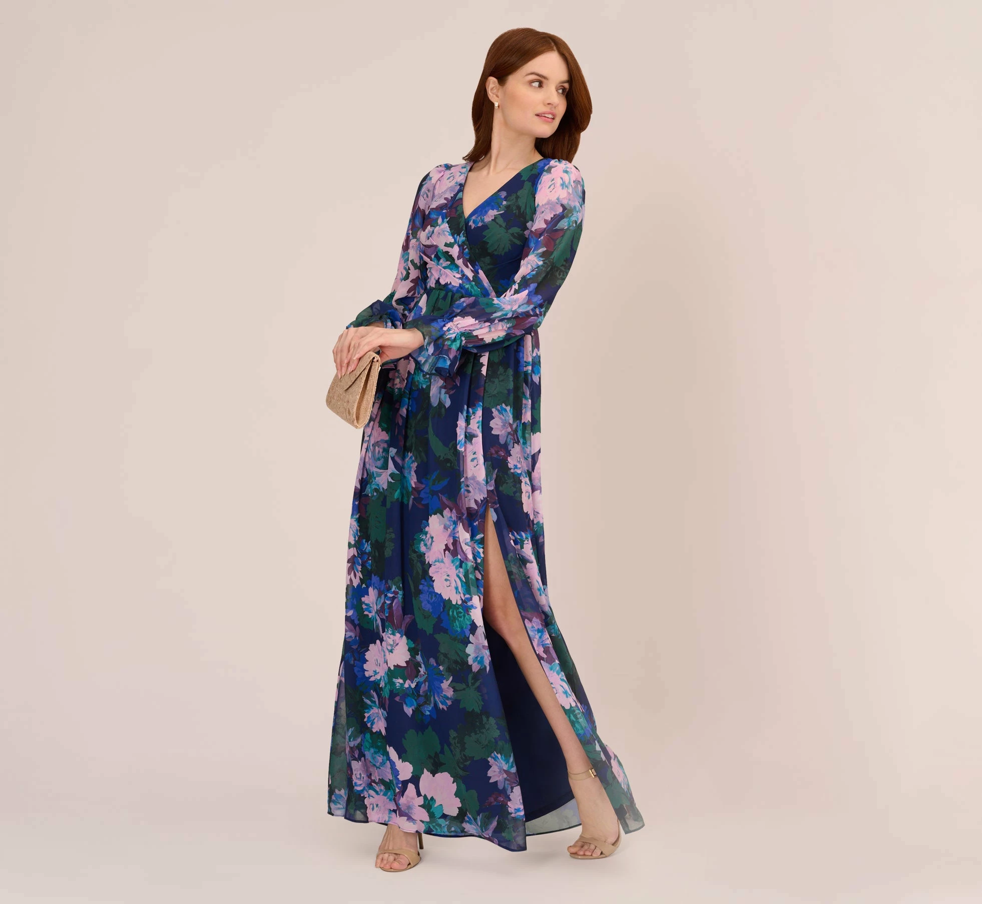 Adrianna Papell Floral-Print Long Shirred Chiffon Gown In Navy Multi 2 Adrianna Papell Floral-Print Long Shirred Chiffon Gown In Navy Multi - Image 2
