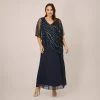 Adrianna Papell Plus Size Hand-Beaded Popover Long Dress In Midnight