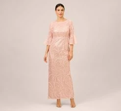 Adrianna Papell Hand-Sequined And Embroidered Illusion Long Column Gown In Blush Pearl