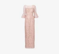 Adrianna Papell Hand-Sequined And Embroidered Illusion Long Column Gown In Blush Pearl -Adrianna Papell Shop AP1E210239 AP688 Regular Flat