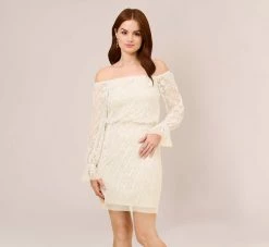 Adrianna Papell Hand-Beaded Off-The-Shoulder Blouson Short Sheath Cocktail Dress In Ivory Pearl
