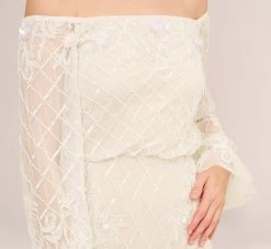 Adrianna Papell Hand-Beaded Off-The-Shoulder Blouson Short Sheath Cocktail Dress In Ivory Pearl -Adrianna Papell Shop AP1E210244 AG105 Regular Detail