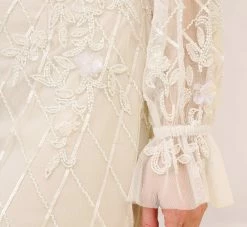 Adrianna Papell Hand-Beaded Off-The-Shoulder Blouson Short Sheath Cocktail Dress In Ivory Pearl -Adrianna Papell Shop AP1E210244 AG105 Regular Side