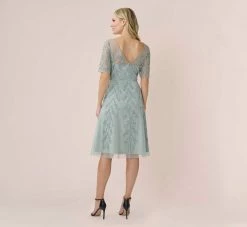 Adrianna Papell Hand-Beaded Illusion Midi-Length Fit-And-Flare Cocktail Dress In Frosted Sage 7 Adrianna Papell Hand-Beaded Illusion Midi-Length Fit-And-Flare Cocktail Dress In Frosted Sage -Adrianna Papell Shop AP1E210245 AG484 Regular Back