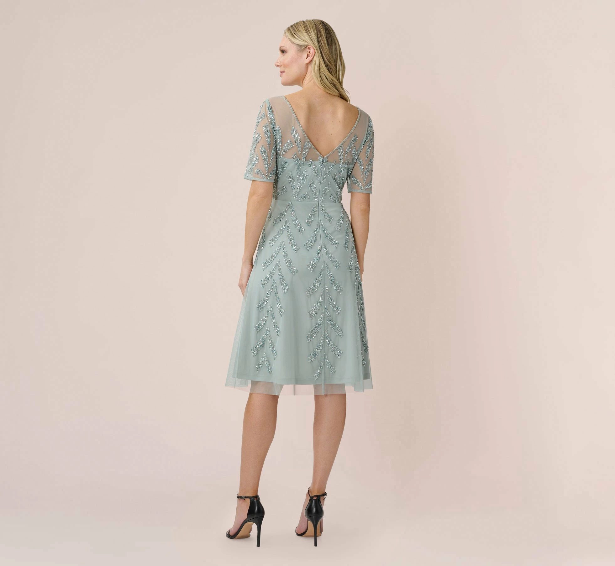 Adrianna Papell Hand-Beaded Illusion Midi-Length Fit-And-Flare Cocktail Dress In Frosted Sage 4 Adrianna Papell Hand-Beaded Illusion Midi-Length Fit-And-Flare Cocktail Dress In Frosted Sage - Image 4