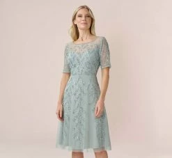 Adrianna Papell Hand-Beaded Illusion Midi-Length Fit-And-Flare Cocktail Dress In Frosted Sage