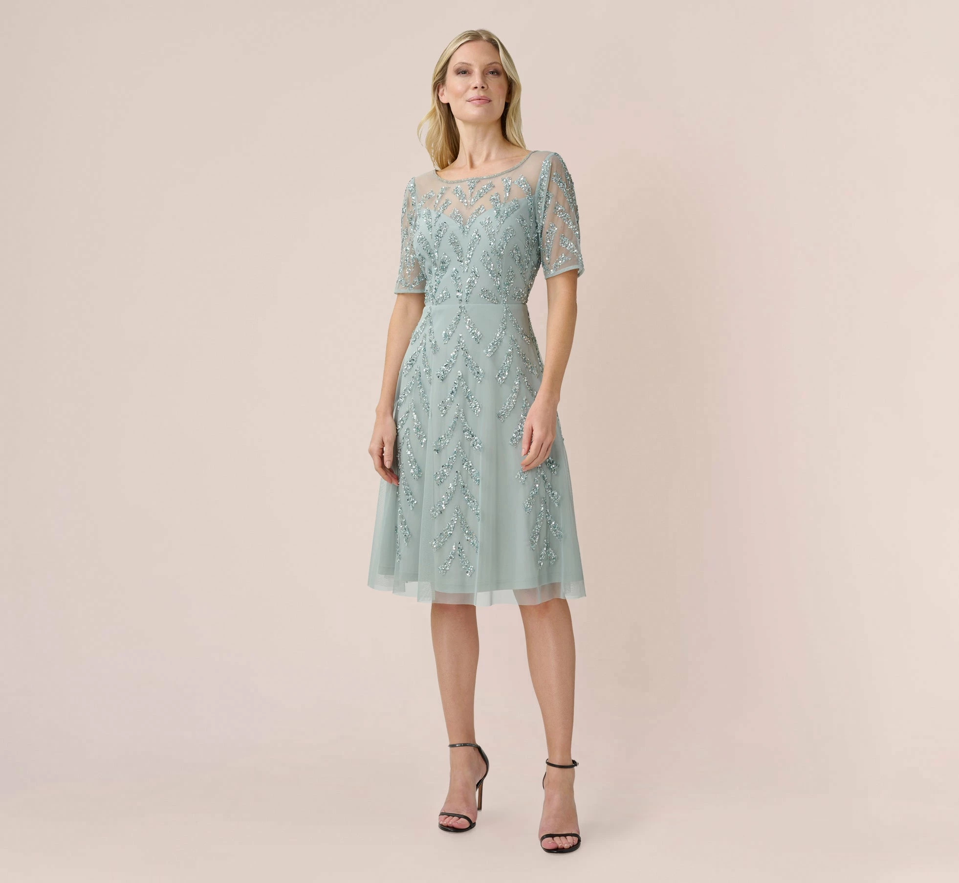 Adrianna Papell Hand-Beaded Illusion Midi-Length Fit-And-Flare Cocktail Dress In Frosted Sage 2 Adrianna Papell Hand-Beaded Illusion Midi-Length Fit-And-Flare Cocktail Dress In Frosted Sage - Image 2